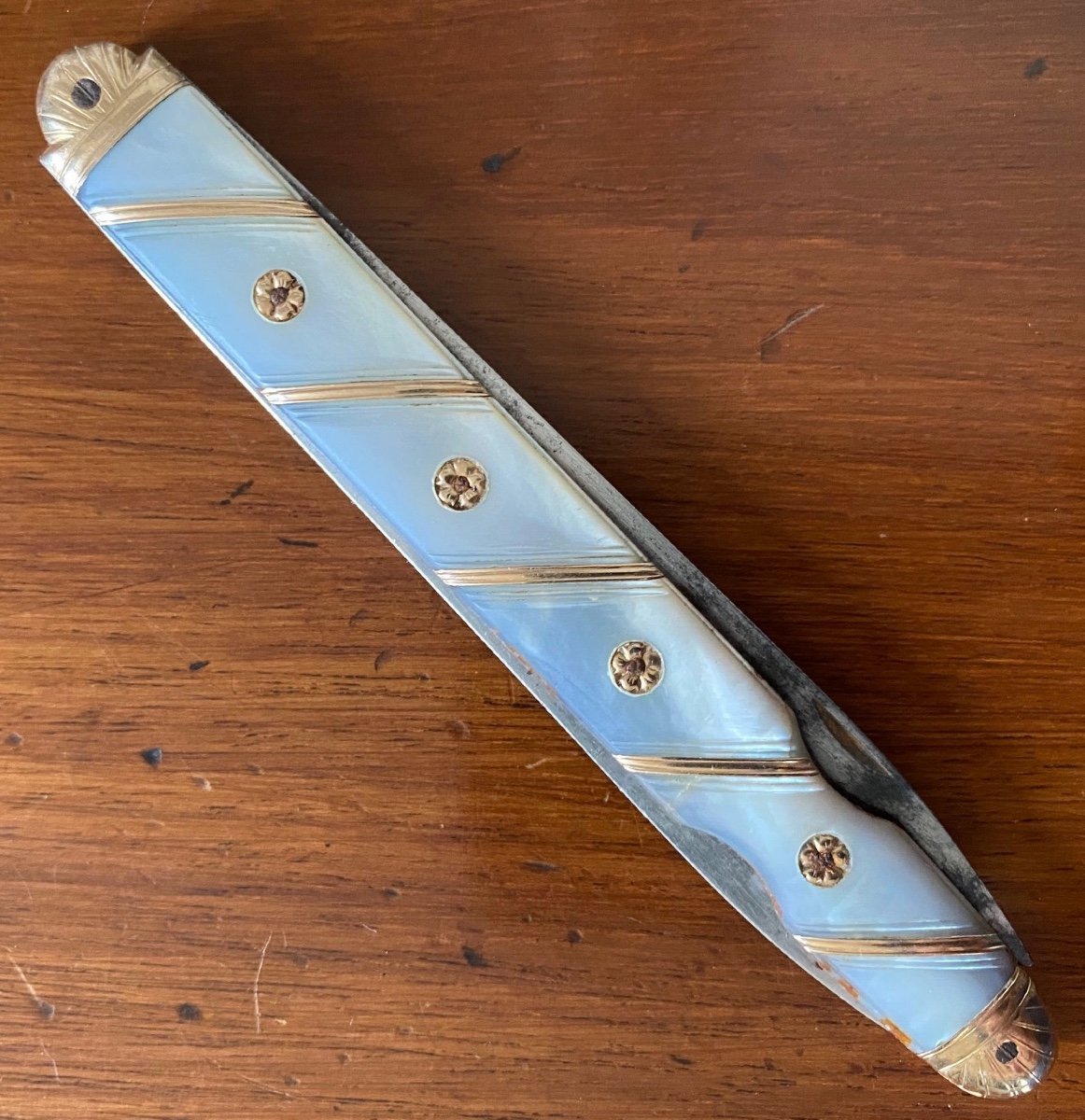 Couteau, pliant, à la Berge, de voyage,  lames, Argent, Acier, Nacre, Or, Orléans, XVIIIè-photo-3