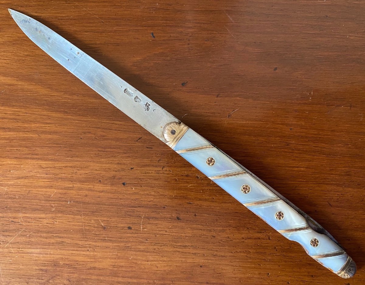 Couteau, pliant, à la Berge, de voyage,  lames, Argent, Acier, Nacre, Or, Orléans, XVIIIè-photo-2