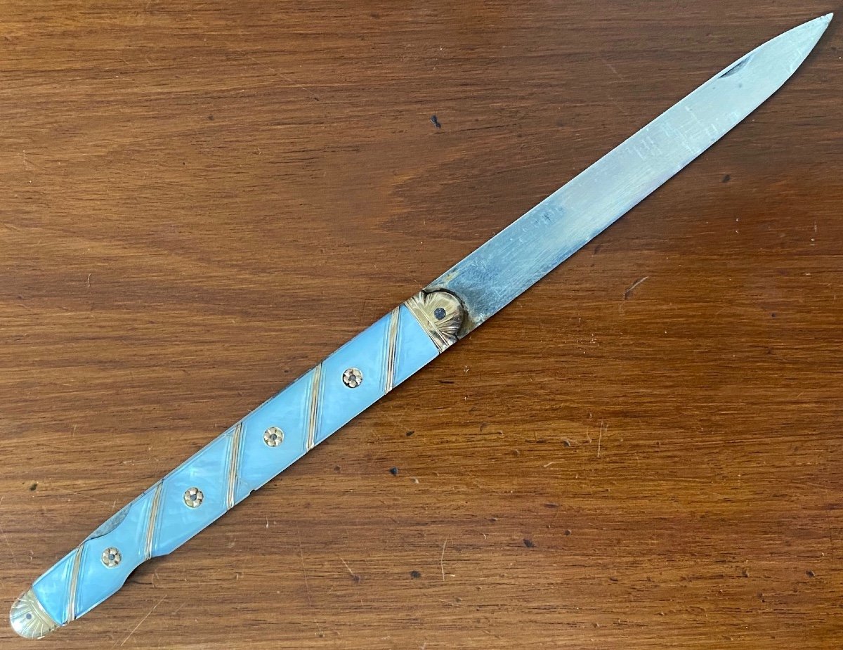 Couteau, pliant, à la Berge, de voyage,  lames, Argent, Acier, Nacre, Or, Orléans, XVIIIè-photo-3