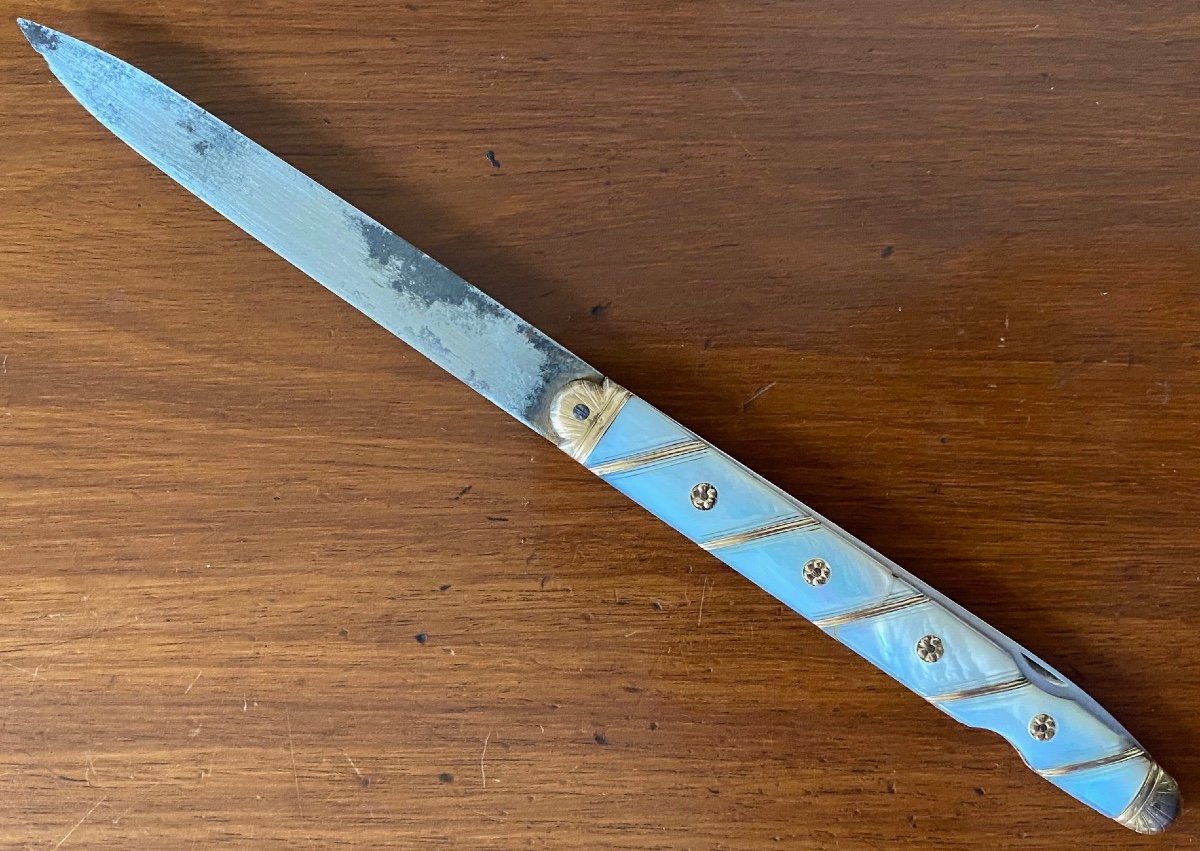 Couteau, pliant, à la Berge, de voyage,  lames, Argent, Acier, Nacre, Or, Orléans, XVIIIè-photo-4