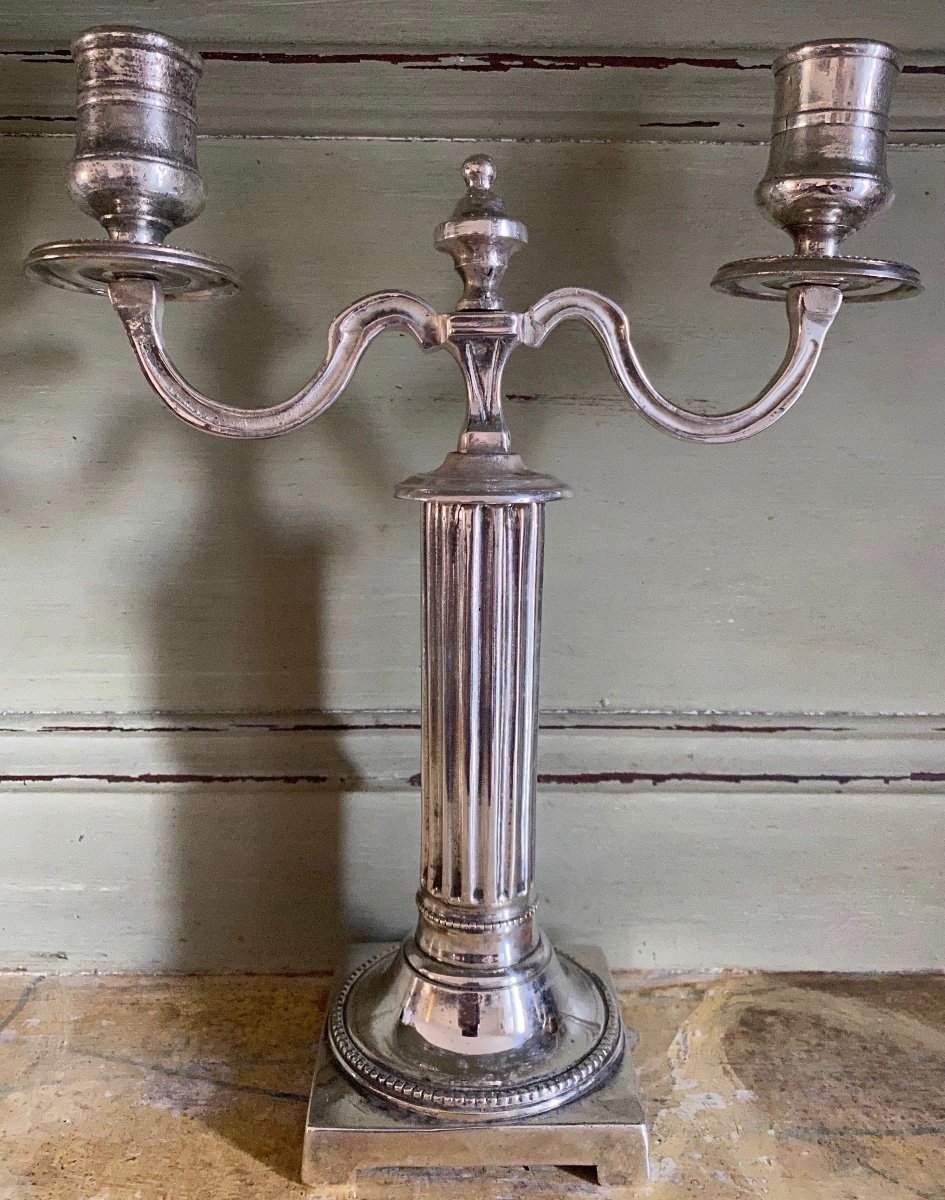 Paire de Bougeoirs, Flambeaux, Bouts de Table, Bronze Plaqué, Argent, fin XVIIIè-photo-4