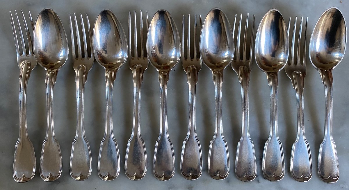 Series Of 6 Cutlery, Silver, Fillets, Coat Of Arms, Paris, 18th Century-photo-3
