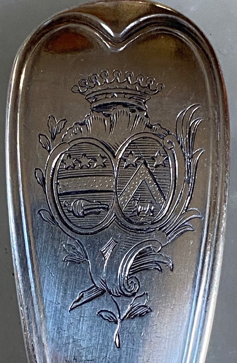 Series Of 6 Cutlery, Silver, Fillets, Coat Of Arms, Paris, 18th Century