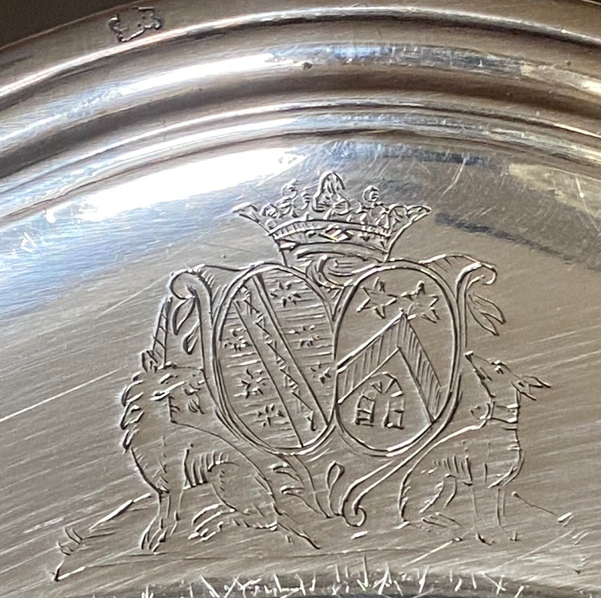 Large Dish, Silver, Contour Fillets, Coat Of Arms, Paris 1754-photo-3