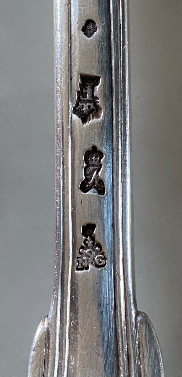 6 Cutlery, Stewing Spoons, Silver, Shell Fillets, Coat Of Arms, Paris, 18th Century-photo-1