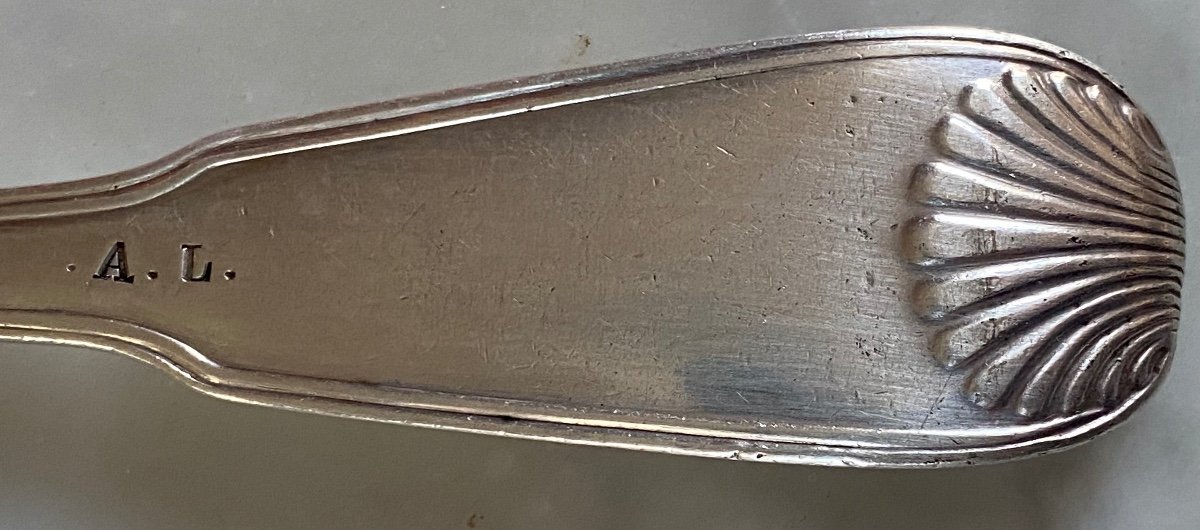 6 Cutlery, Stewing Spoons, Silver, Shell Fillets, Coat Of Arms, Paris, 18th Century-photo-3