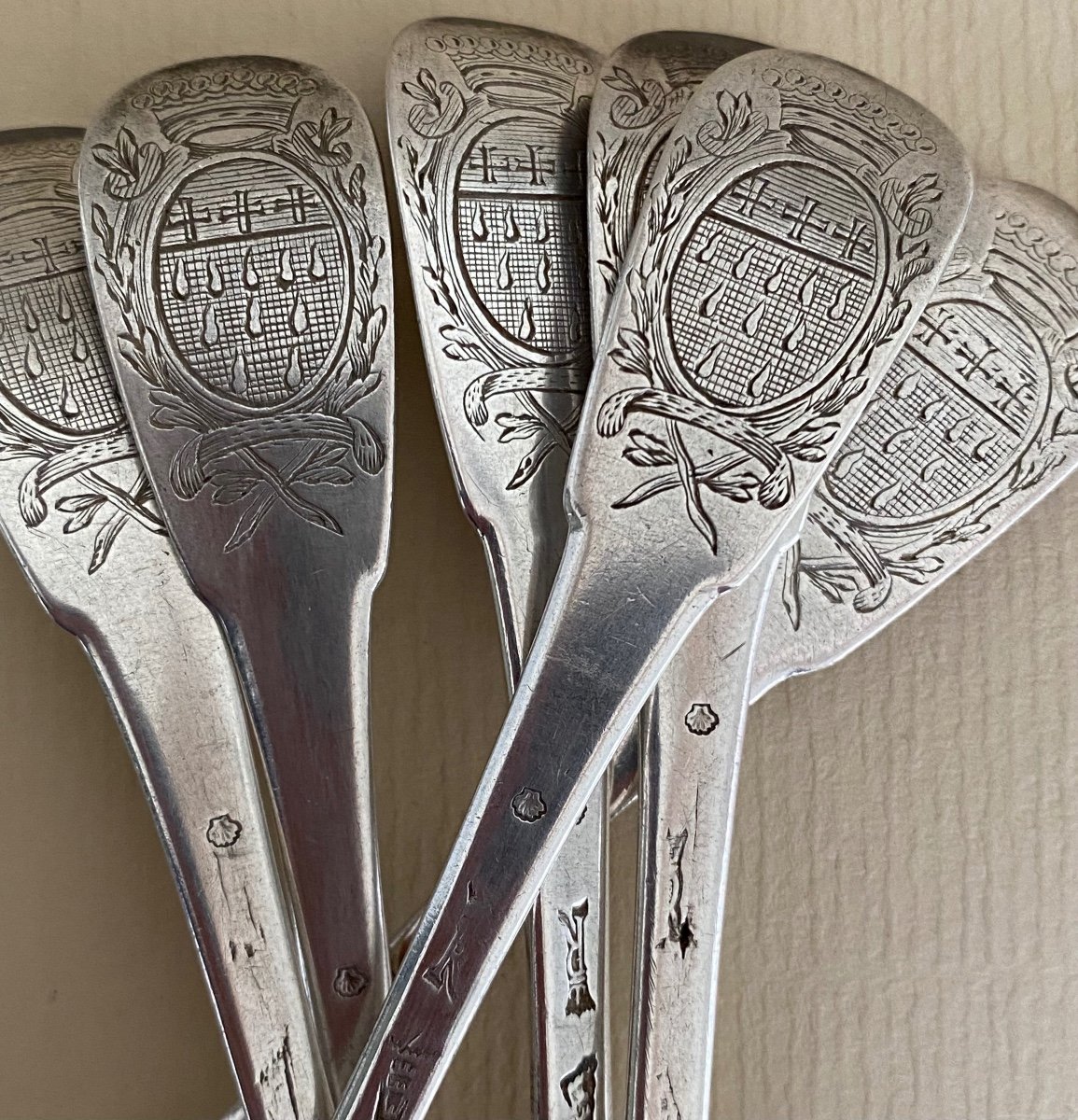 Set Of 6 Small Spoons, Silver, Case, Coat Of Arms, Paris 1757
