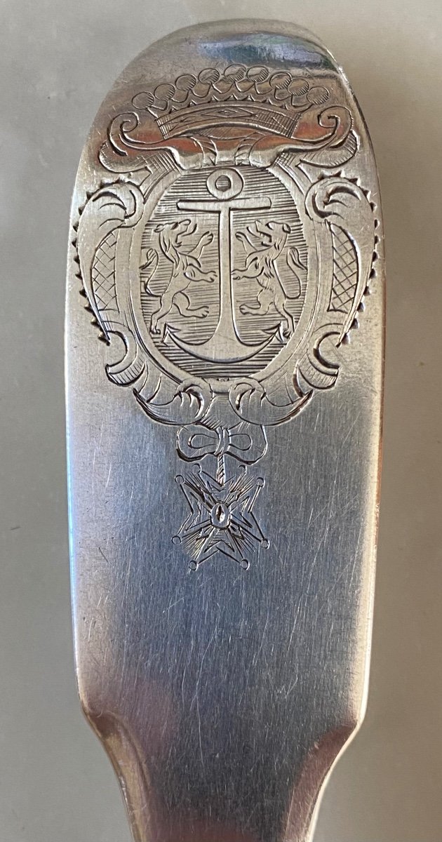 Auch, Stew Spoon, Silver, Single-sided, Prugue Family Coat Of Arms, 18th Century-photo-1