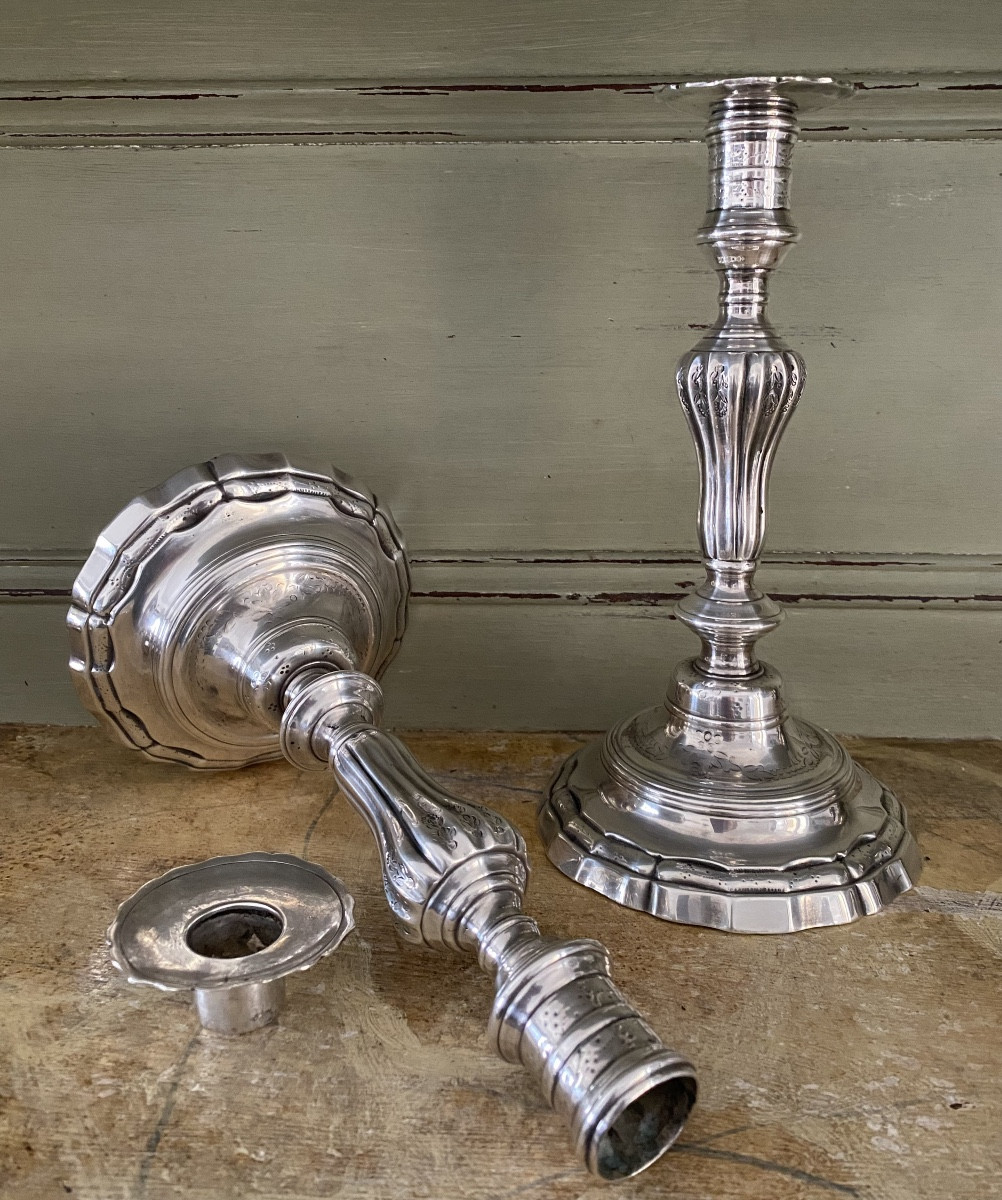 Pair Of Candlesticks, Silver-plated Metal, 18th Century-photo-2