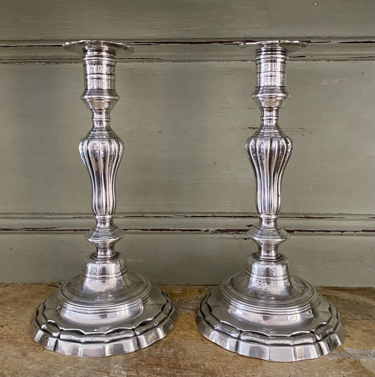 Pair Of Candlesticks, Silver-plated Metal, 18th Century