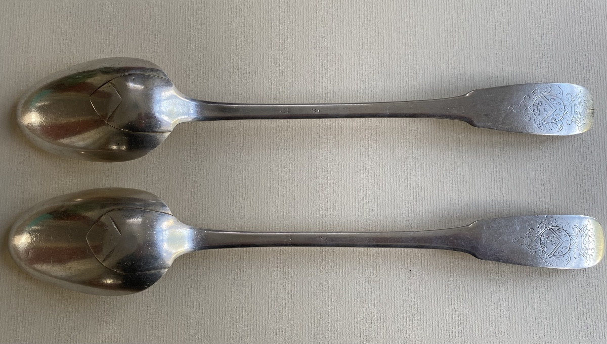 Pair Of Stewing Spoons, Silver, Coat Of Arms, 18th Century-photo-2