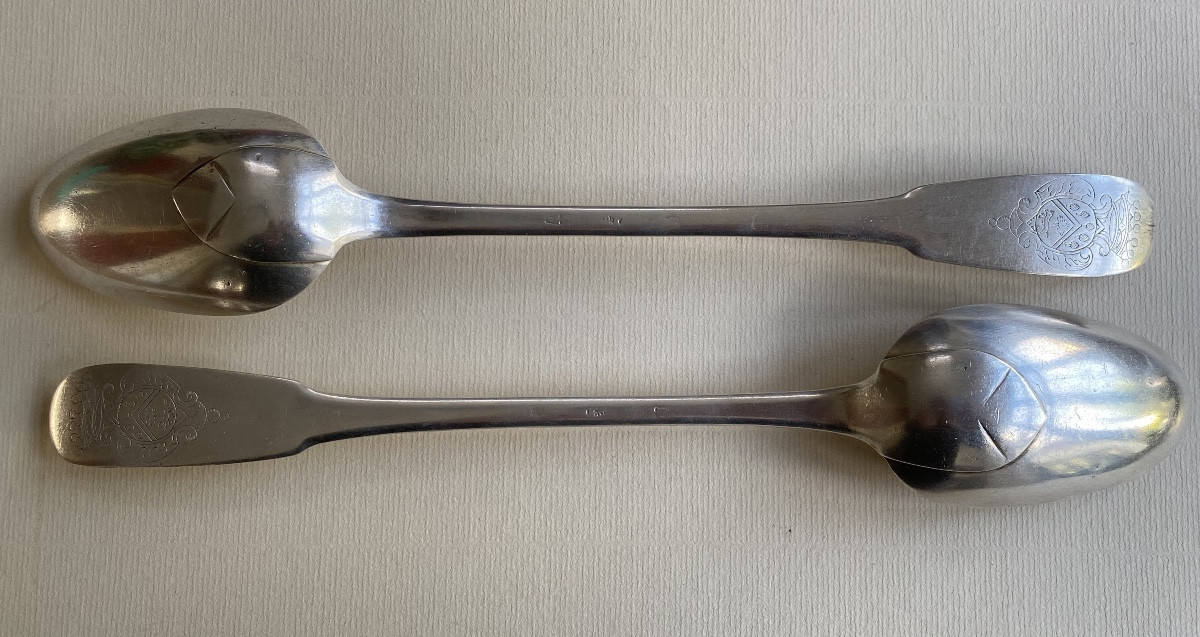 Pair Of Stewing Spoons, Silver, Coat Of Arms, 18th Century-photo-1