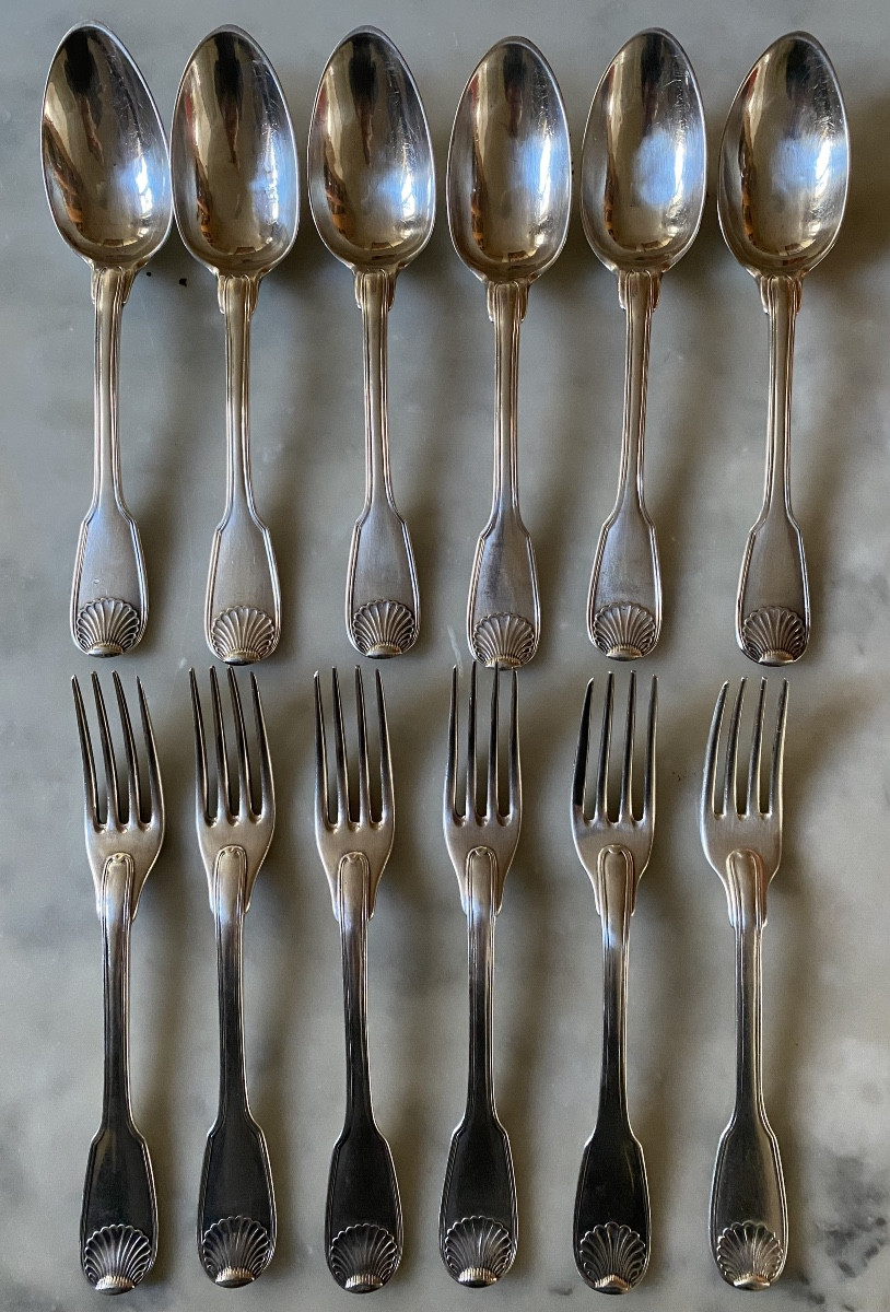 6 Cutlery Sets, Silver, Shell Fillets, Coat Of Arms, Paris, 18th Century-photo-2