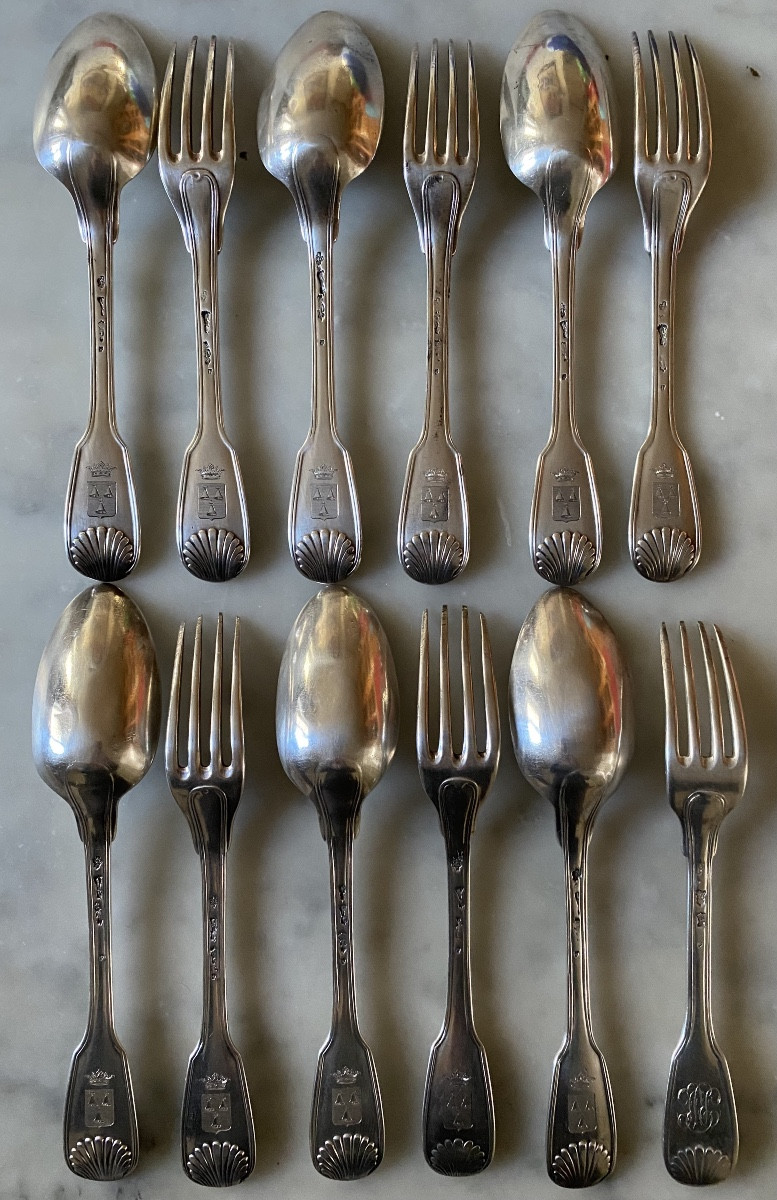 6 Cutlery Sets, Silver, Shell Fillets, Coat Of Arms, Paris, 18th Century-photo-3