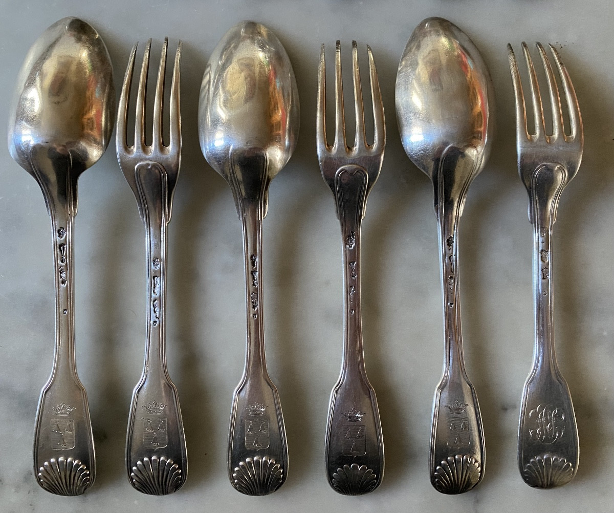 6 Cutlery Sets, Silver, Shell Fillets, Coat Of Arms, Paris, 18th Century-photo-4