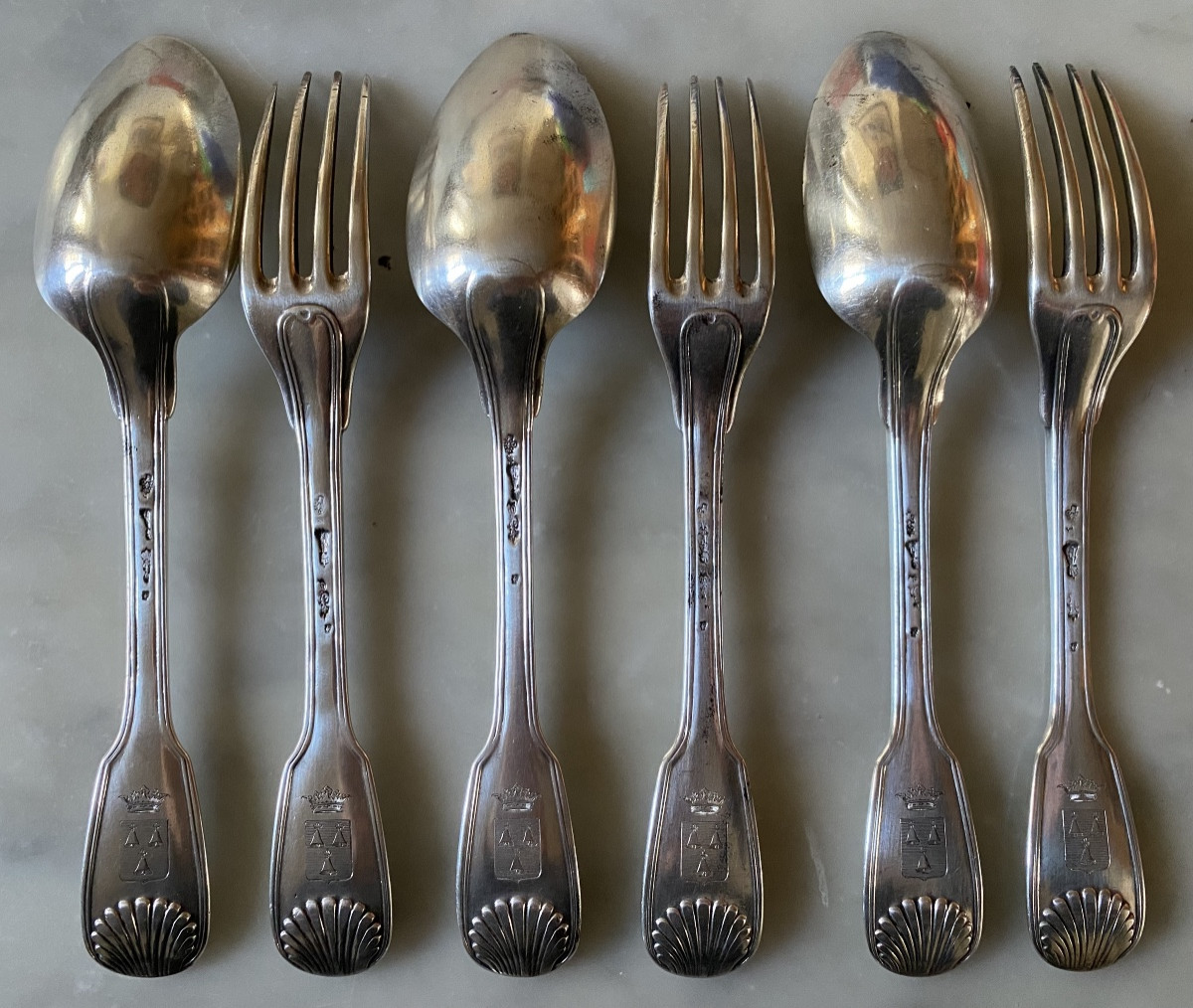 6 Cutlery Sets, Silver, Shell Fillets, Coat Of Arms, Paris, 18th Century-photo-1