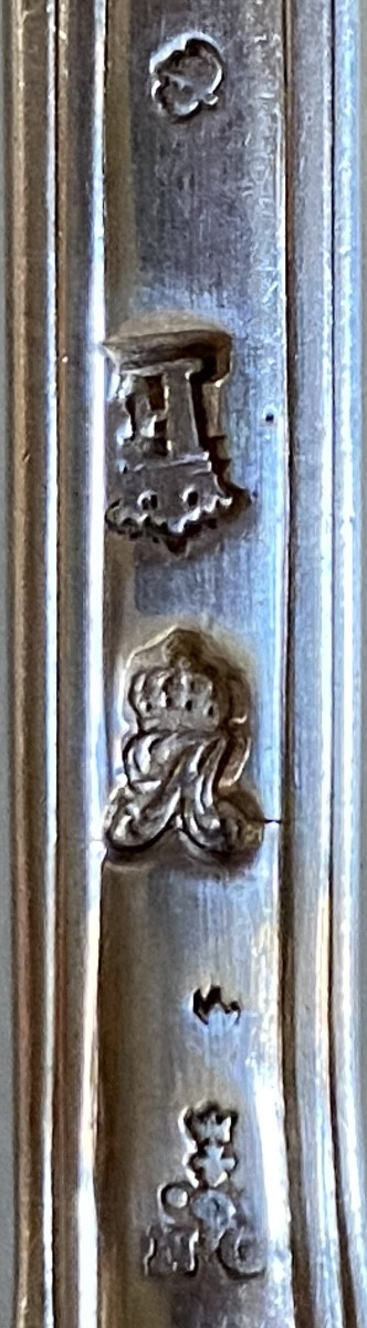 6 Cutlery Sets, Silver, Shell Fillets, Coat Of Arms, Paris, 18th Century-photo-4