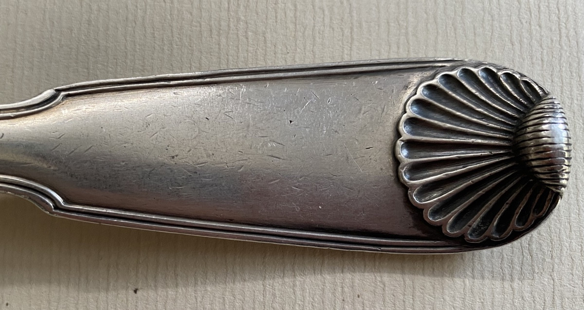 Stew Spoon, Serving, Silver, Shell Fillets, Paris 1739-photo-3