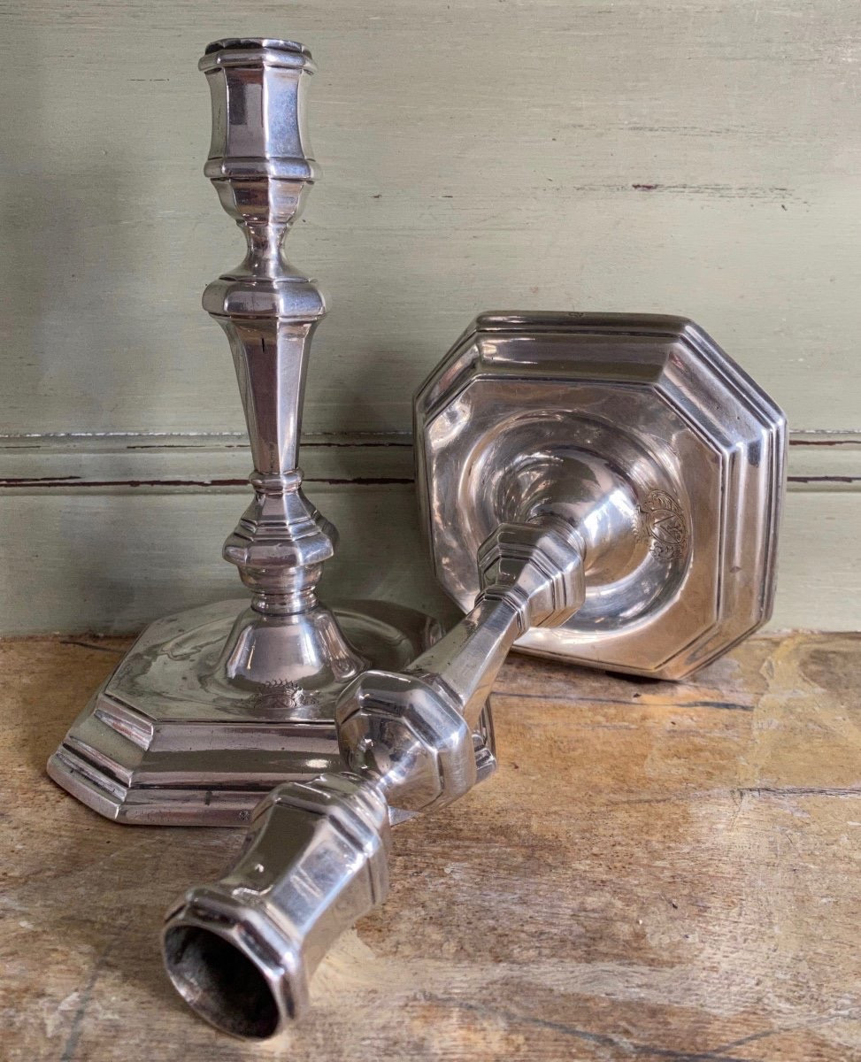 Toulouse 1716, Paire de Flambeaux, Bougeoirs,  Argent, Armoiries-photo-2