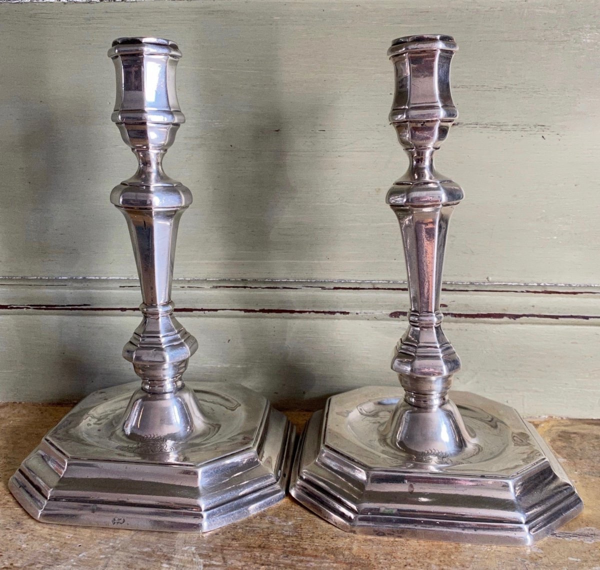 Toulouse 1716, Paire de Flambeaux, Bougeoirs,  Argent, Armoiries-photo-6