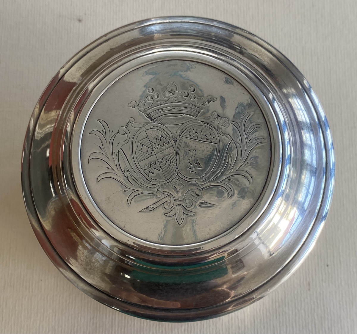 Powder Box, Plated Metal, Silver, Coat Of Arms-photo-4