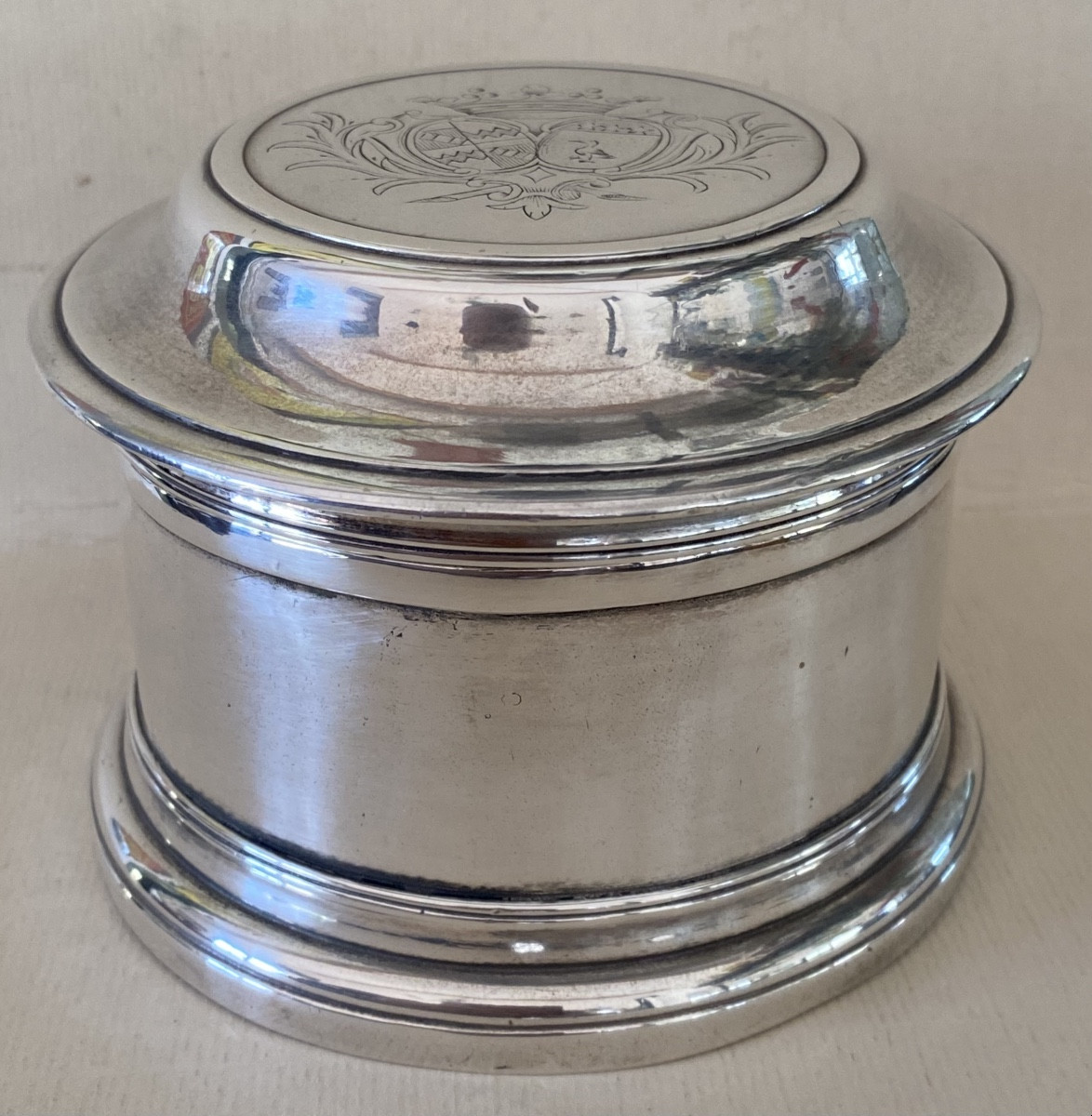 Powder Box, Plated Metal, Silver, Coat Of Arms-photo-3