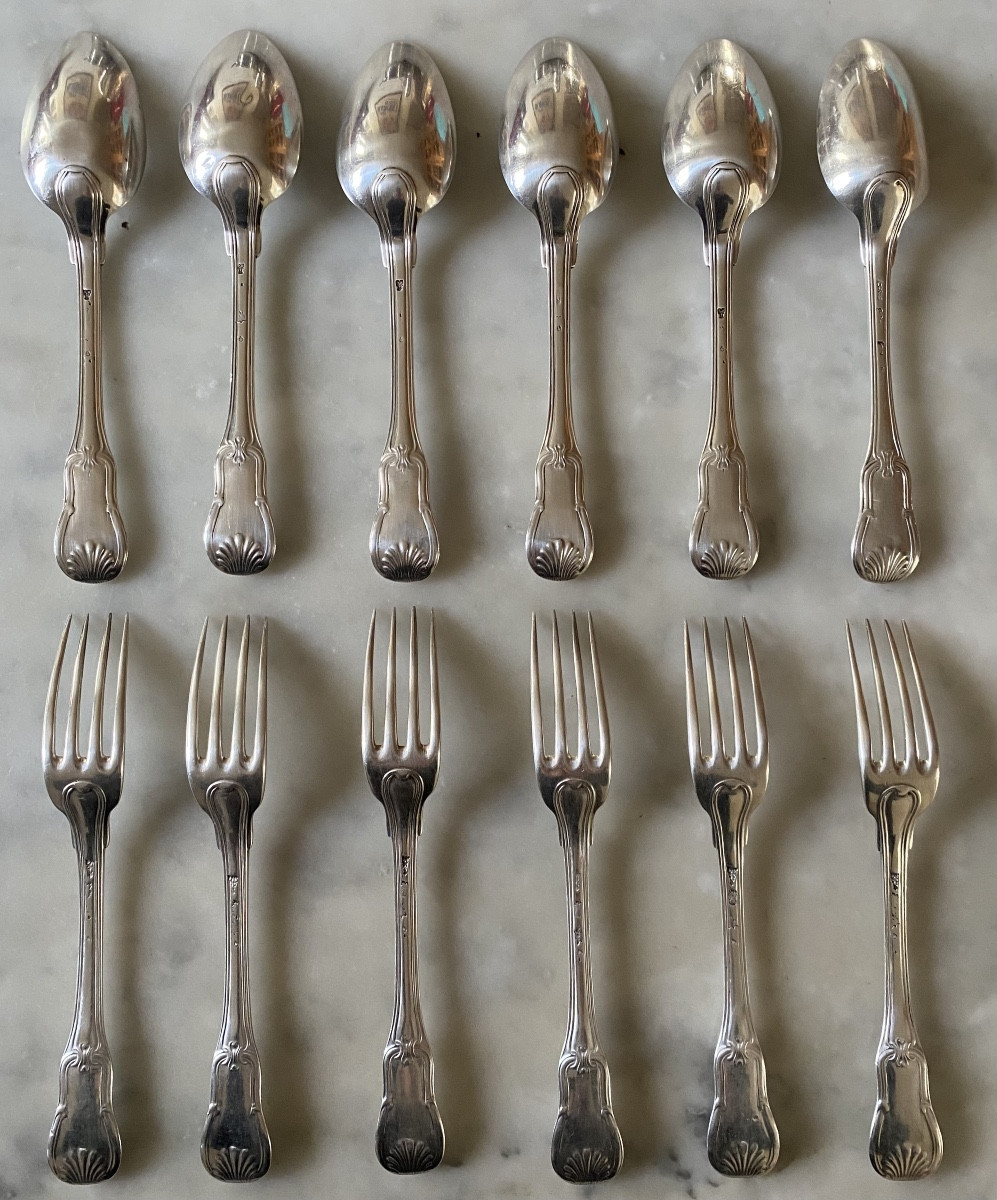 Eloi Guérin, Set Of 6 Flatware, Silver, Filet Violin Shells And Clasps-photo-2