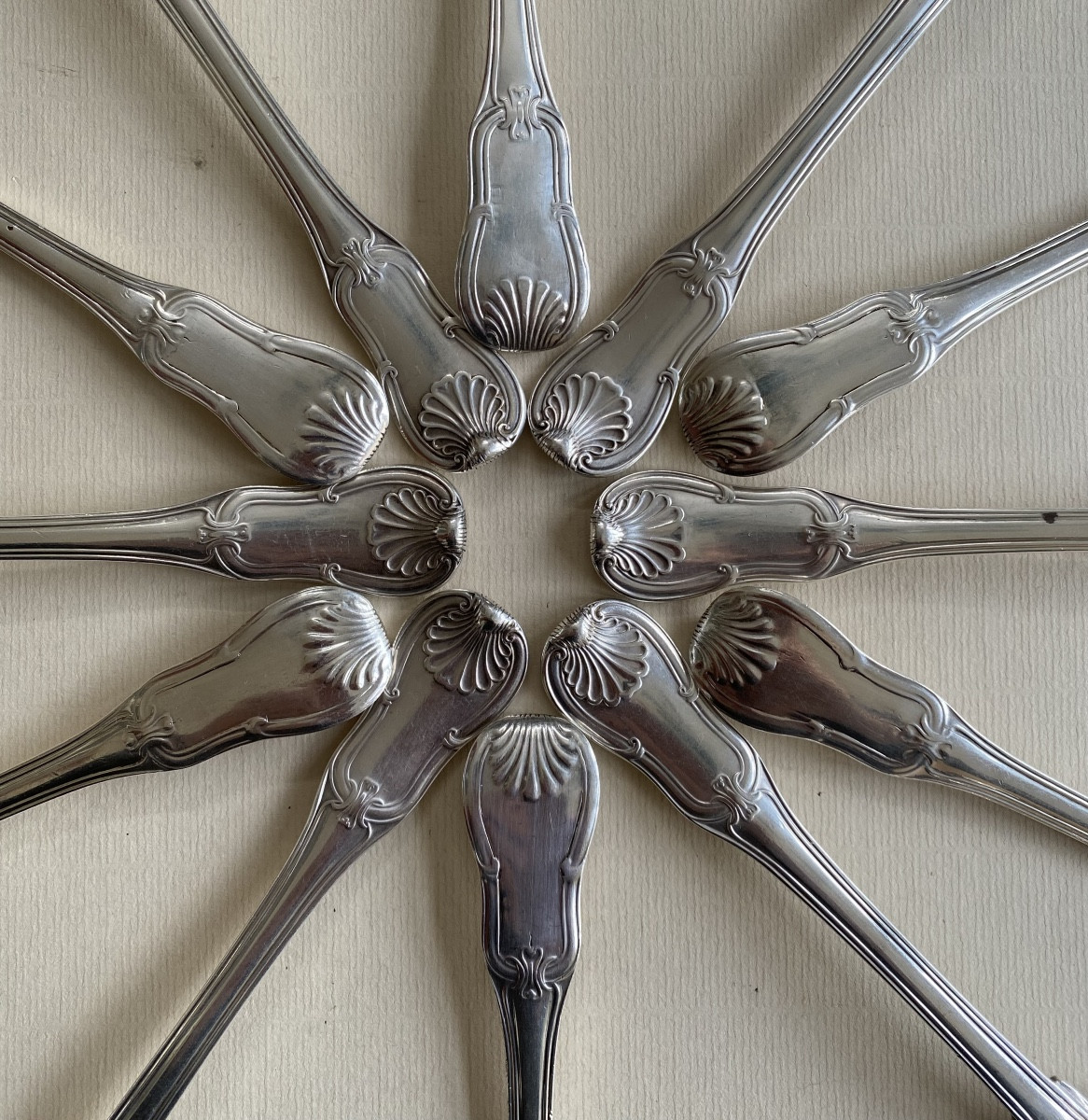 Eloi Guérin, Set Of 6 Flatware, Silver, Filet Violin Shells And Clasps
