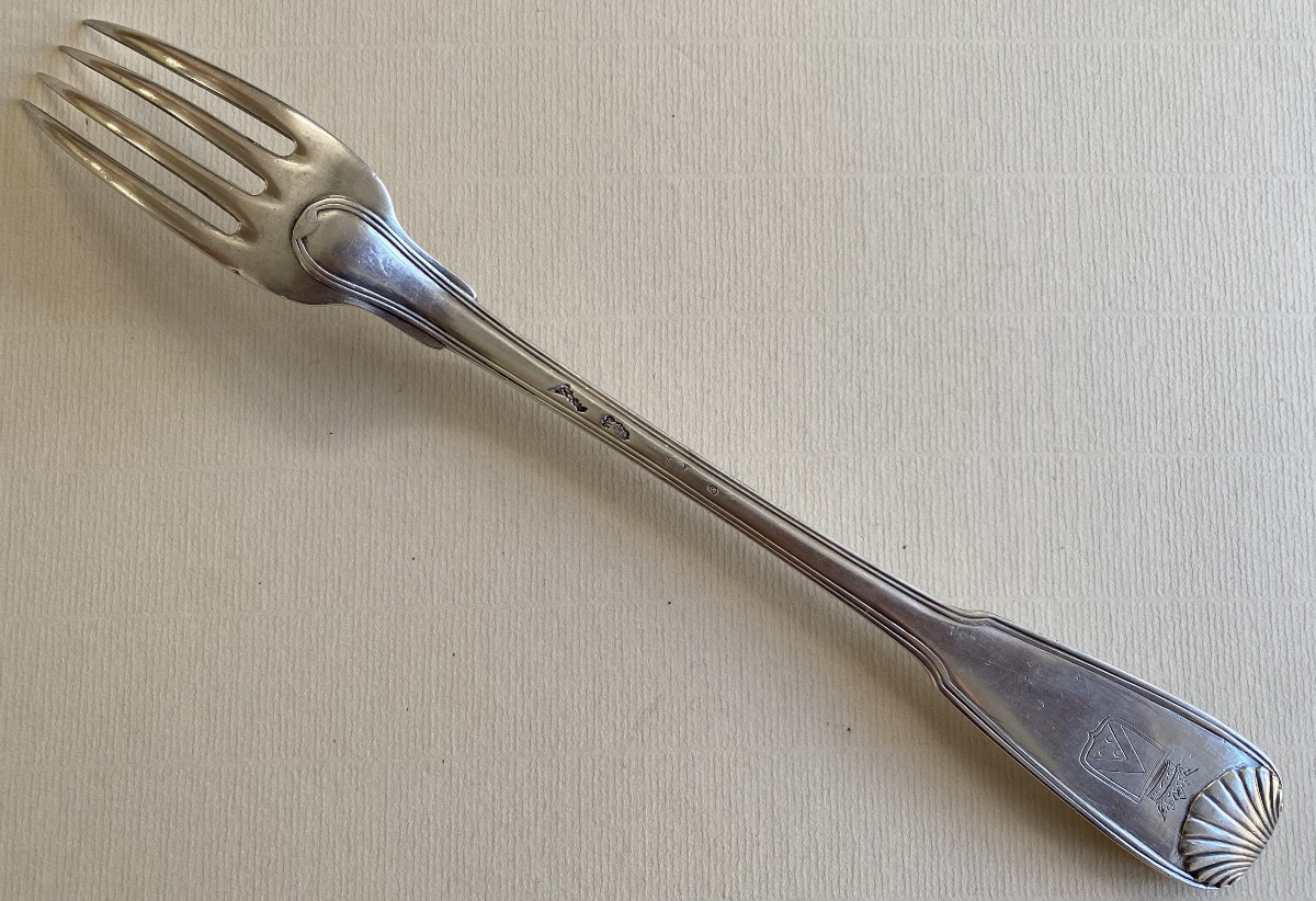 Anthiaume, Fourchette de service, à ragoût, argent, armoiries, Paris 1763