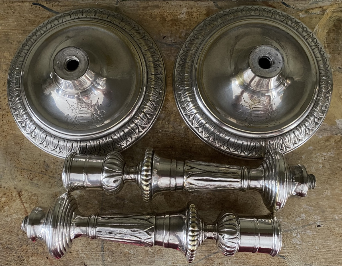 Torches, Candlesticks, Silver-plated Bronze, Crowned C, Coat Of Arms-photo-3