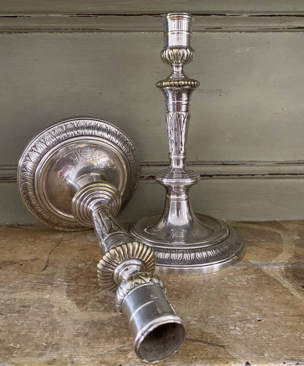 Torches, Candlesticks, Silver-plated Bronze, Crowned C, Coat Of Arms-photo-3