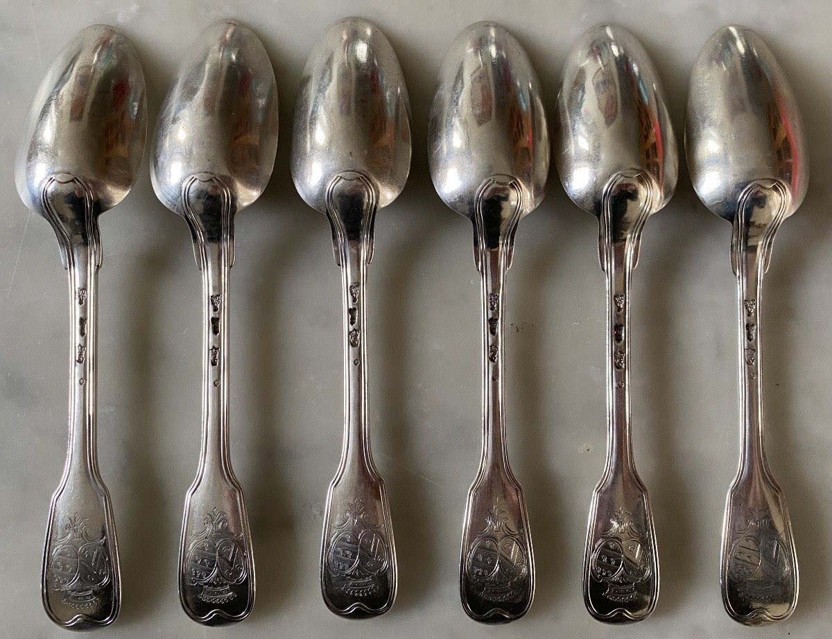 Nicolas Gonthier, Set Of 6 Flatware, Silver, Coat Of Arms-photo-3