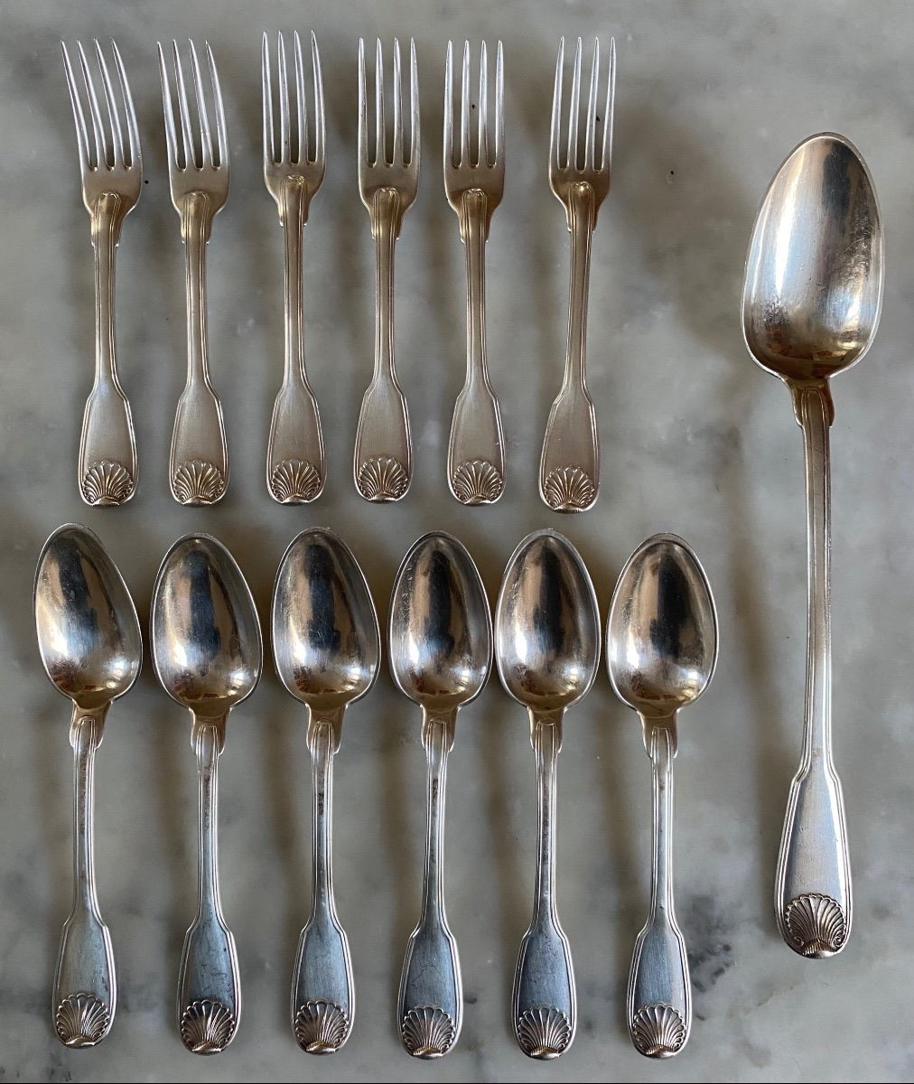 Nicolas Gonthier, Set Of 6 Place Settings, Serving Spoon, Silver, Coat Of Arms-photo-3