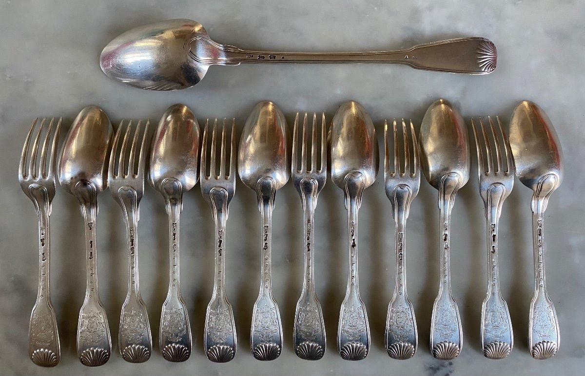 Nicolas Gonthier, Set Of 6 Place Settings, Serving Spoon, Silver, Coat Of Arms-photo-3