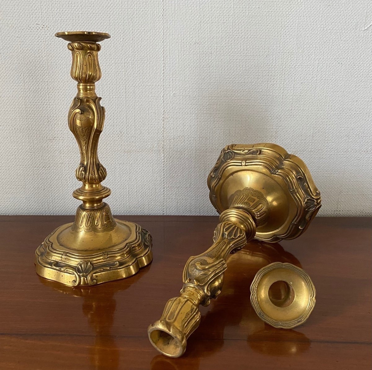 Pair Of Flambeaux, Candlesticks, Gilt Bronze-photo-3