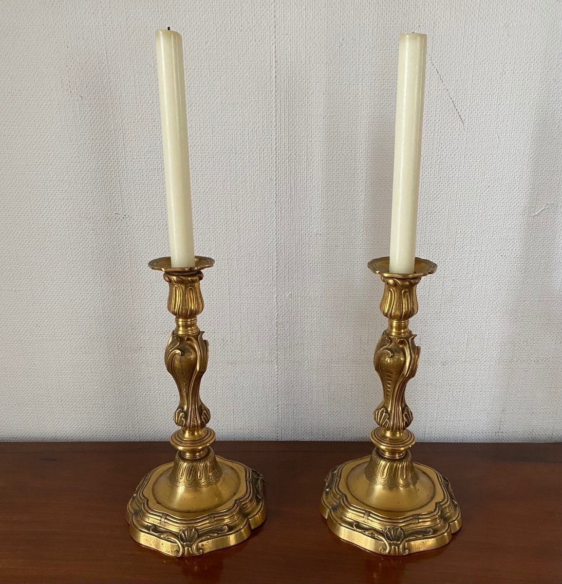 Pair Of Flambeaux, Candlesticks, Gilt Bronze