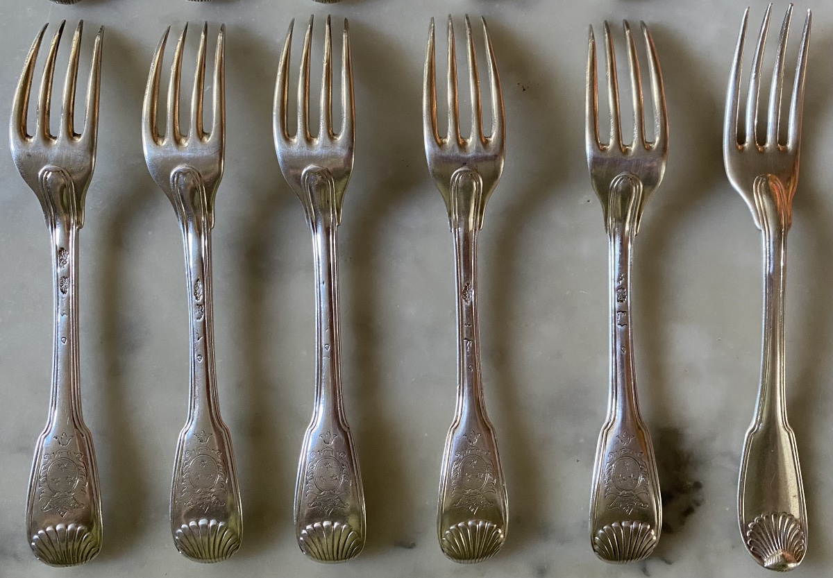 Set Of 6 Cutlery Pieces, Shell-and-net Design, Silver, Coat Of Arms, Paris 1752-photo-3