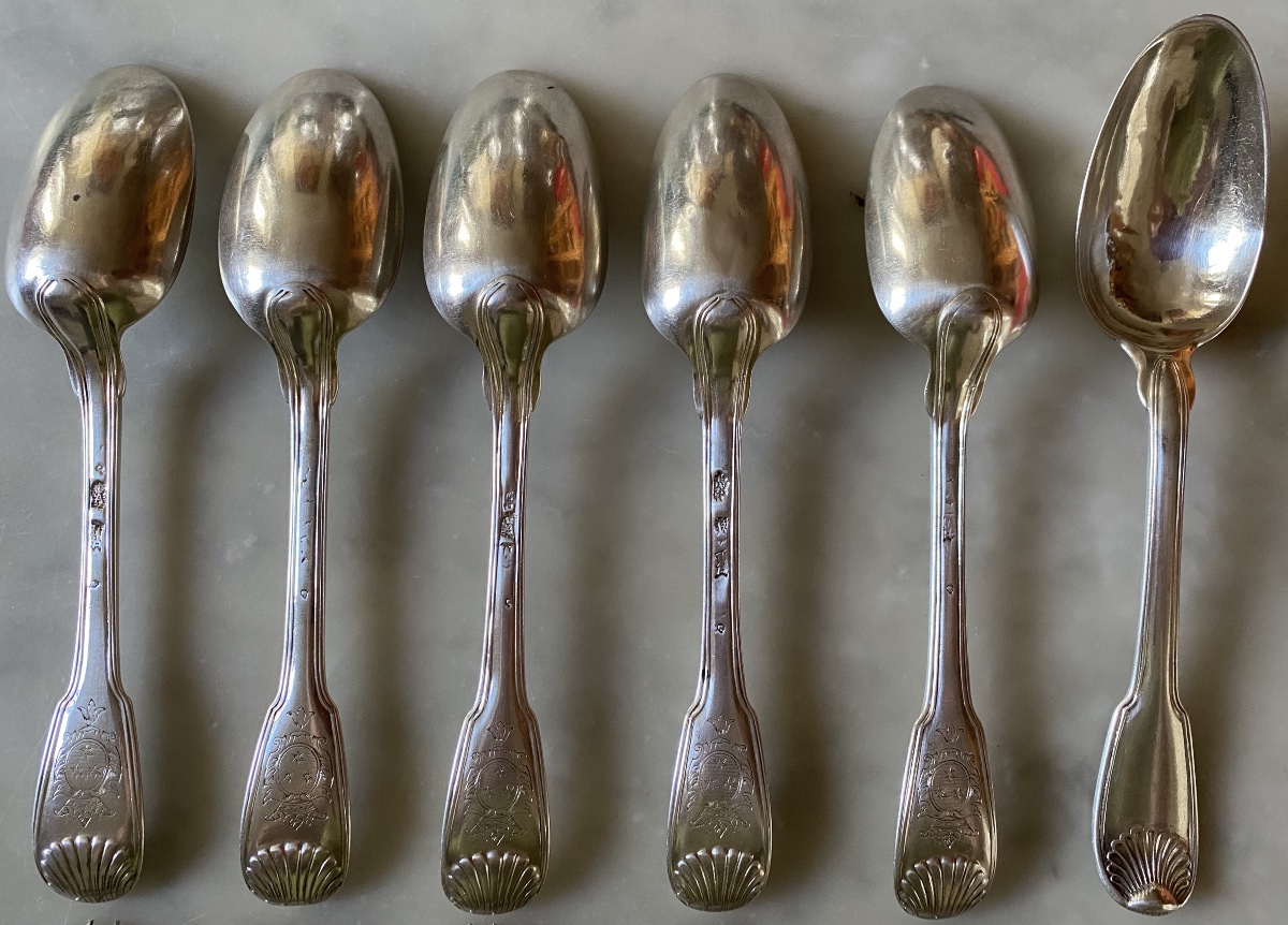 Set Of 6 Cutlery Pieces, Shell-and-net Design, Silver, Coat Of Arms, Paris 1752-photo-4