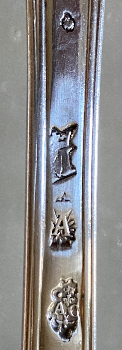 Set Of 6 Cutlery Pieces, Shell-and-net Design, Silver, Coat Of Arms, Paris 1752-photo-2