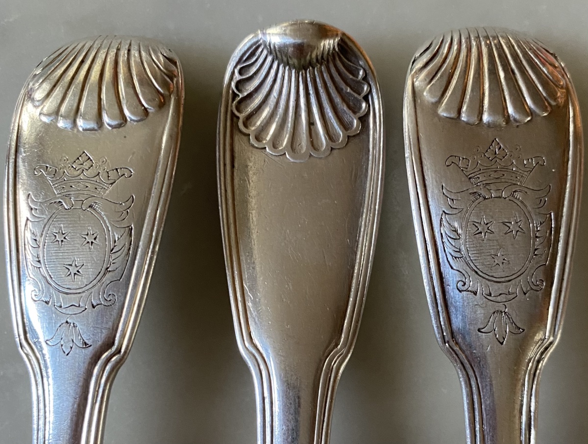 Set Of 6 Cutlery Pieces, Shell-and-net Design, Silver, Coat Of Arms, Paris 1752-photo-3