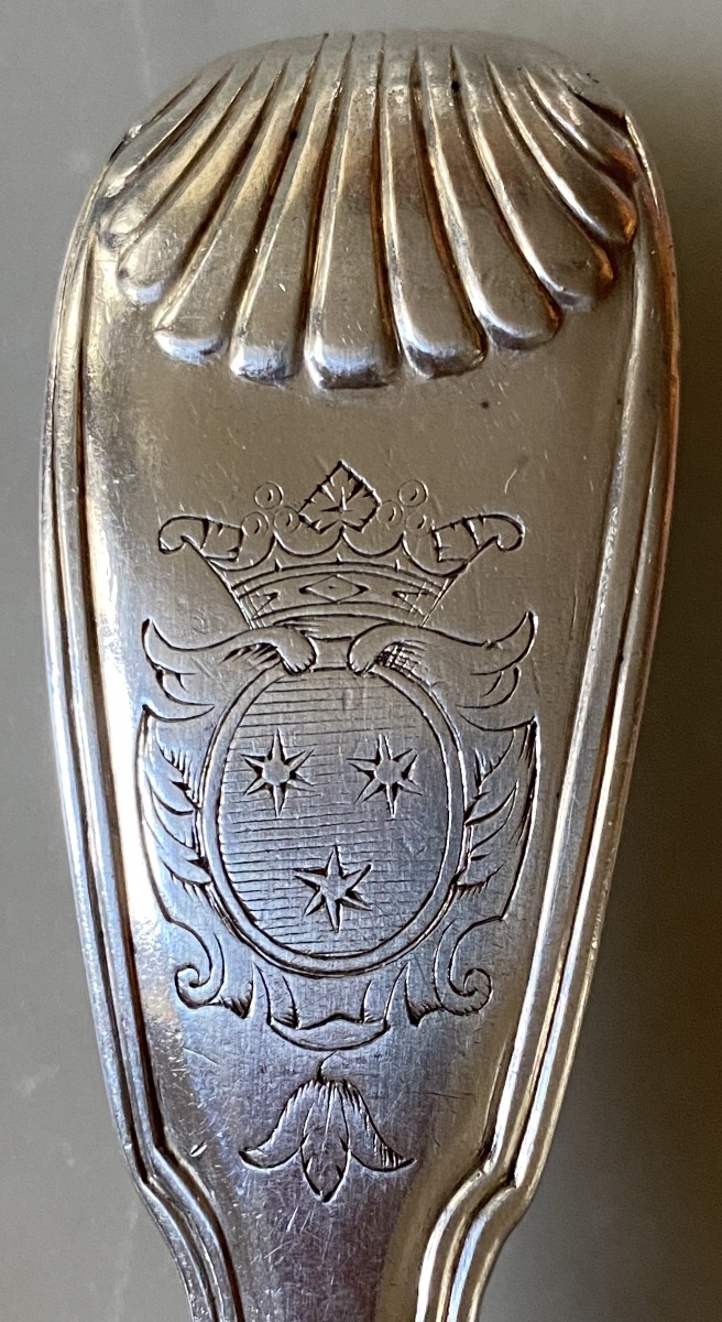 Set Of 6 Cutlery Pieces, Shell-and-net Design, Silver, Coat Of Arms, Paris 1752-photo-4