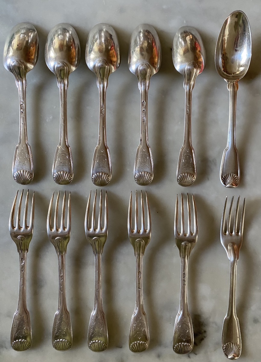 Set Of 6 Cutlery Pieces, Shell-and-net Design, Silver, Coat Of Arms, Paris 1752-photo-5
