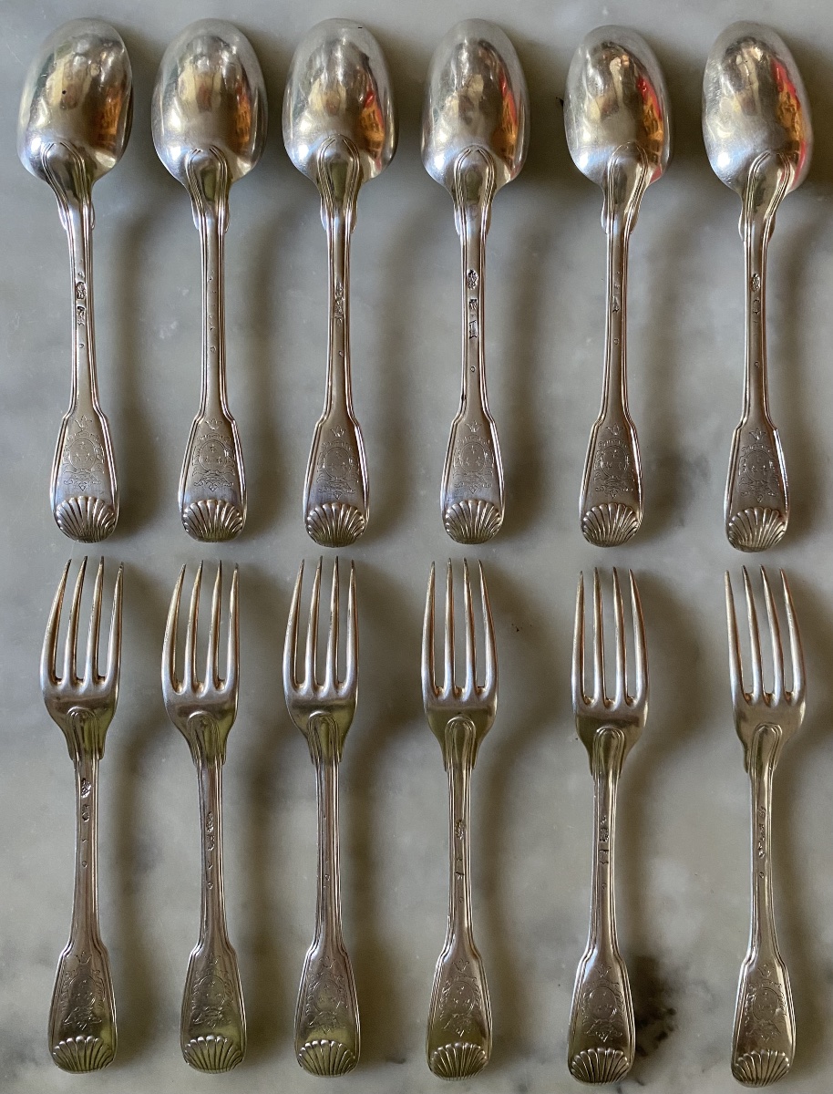 Set Of 6 Cutlery Pieces, Shell-and-net Design, Silver, Coat Of Arms, Paris 1752-photo-6