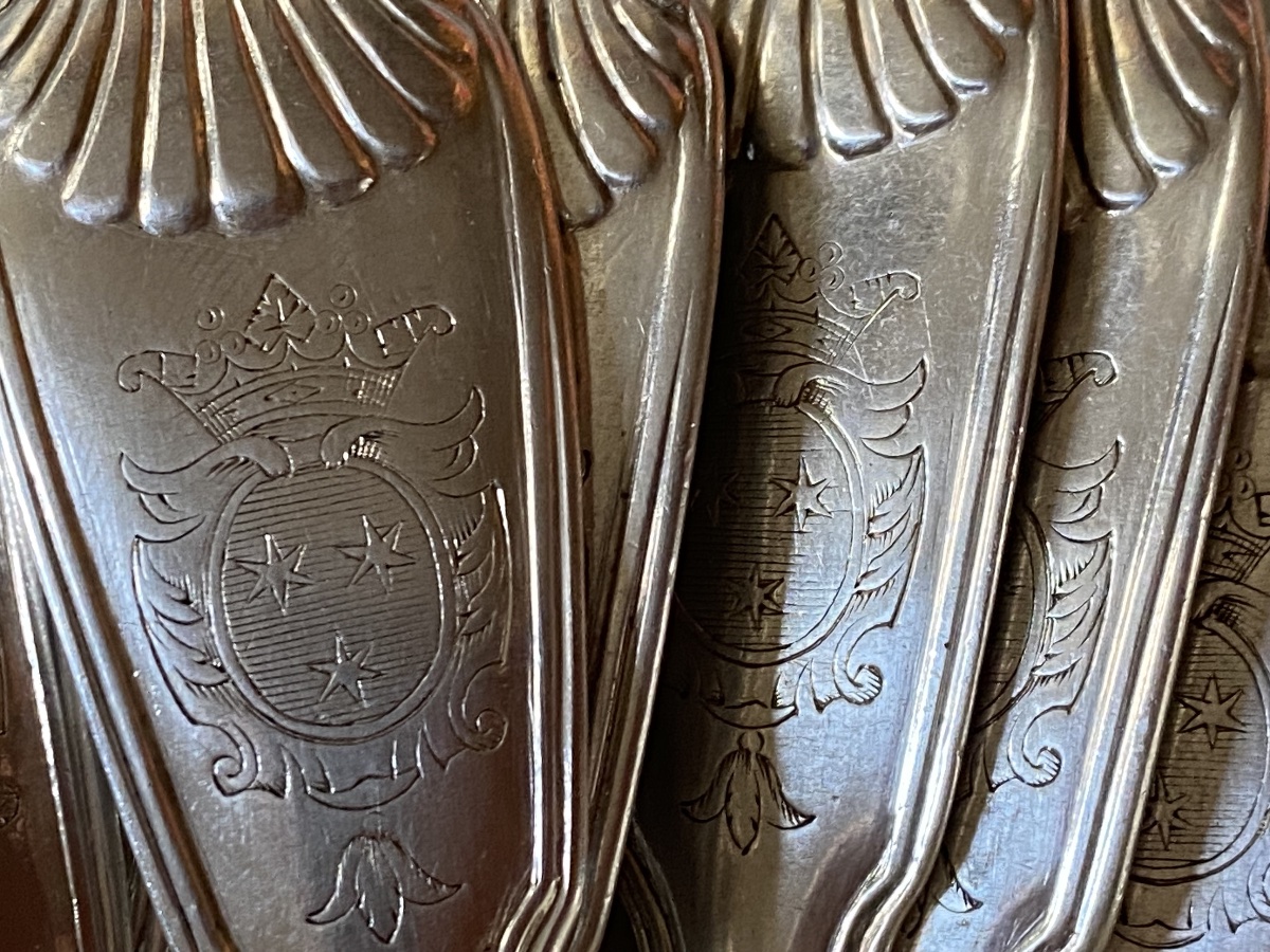 Set Of 6 Cutlery Pieces, Shell-and-net Design, Silver, Coat Of Arms, Paris 1752-photo-7