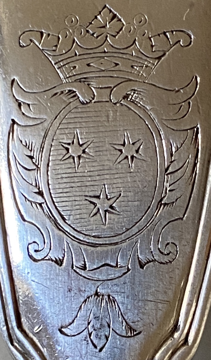 Set Of 6 Cutlery Pieces, Shell-and-net Design, Silver, Coat Of Arms, Paris 1752-photo-8