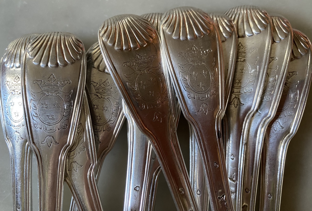 Set Of 6 Cutlery Pieces, Shell-and-net Design, Silver, Coat Of Arms, Paris 1752