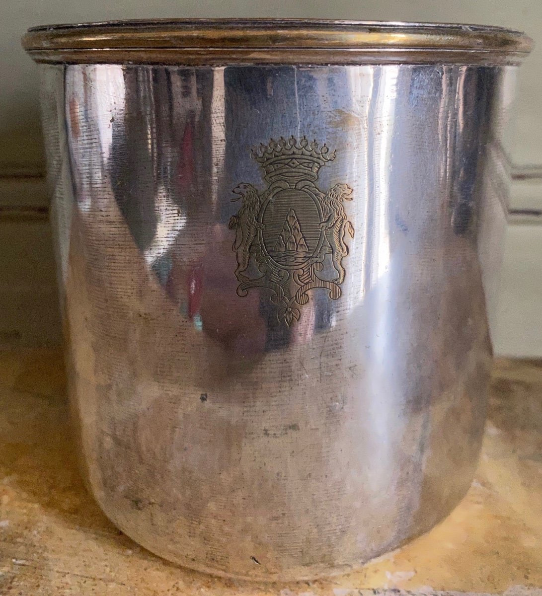 Bucket, Half Bucket, Refresher, Bottle, Glass, Plated Metal, Silver, Coat Of Arms, XVIIIth