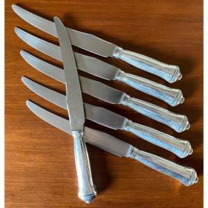Set Of 6 Knives, Steel Blades, Silver Handles, Button Model, Regency Style