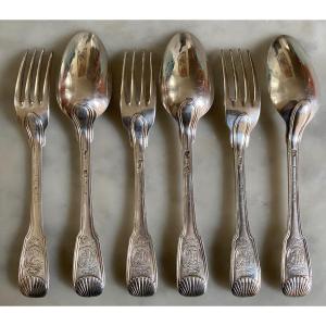 3 Couverts, Argent, Filets Coquilles, Paris 1745