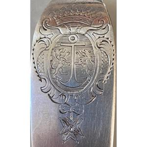 Auch, Stewing Spoon, Silver, Plain Dish, Prugue Family Coat Of Arms, 18th Century